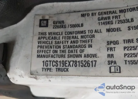 2007 GMC Canyon Sle1 z USA, uszkodzony, nr VIN 1GTCS19EX78152617